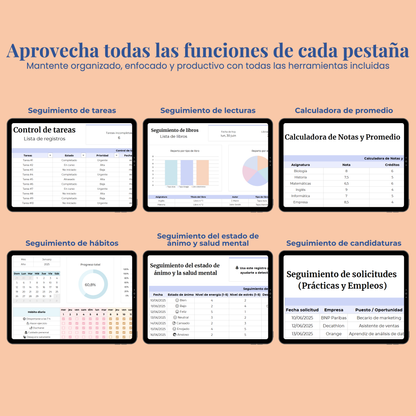 Plantilla Estudiantil en Español Excel Google Sheets Planificador Tareas Universidad Escuela Cursos Estudios Organización Estudiante Planner