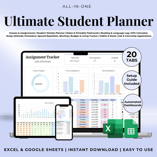 Ultimate Student Planner Spreadsheet Excel Google Sheets Assignment Tracker College Study Template University Task Planner Academic School
