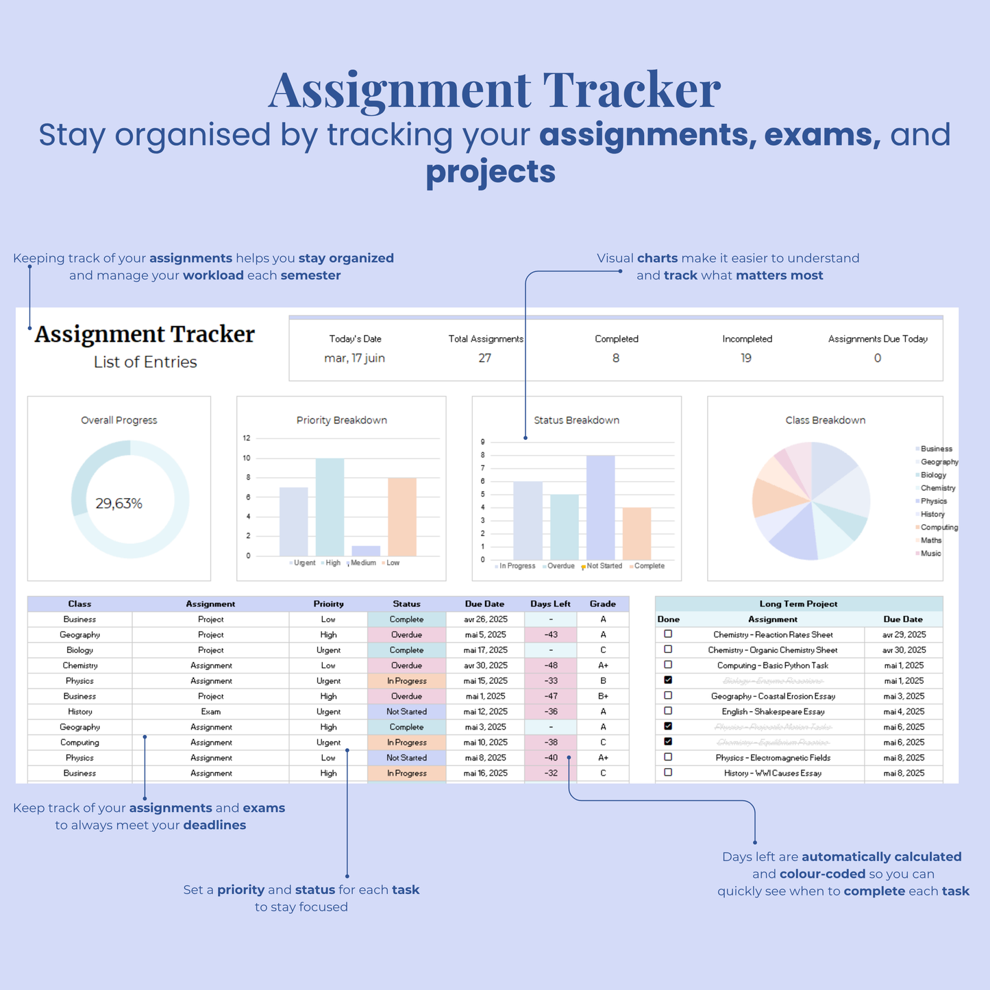 Ultimate Student Planner Spreadsheet Excel Google Sheets Assignment Tracker College Study Template University Task Planner Academic School