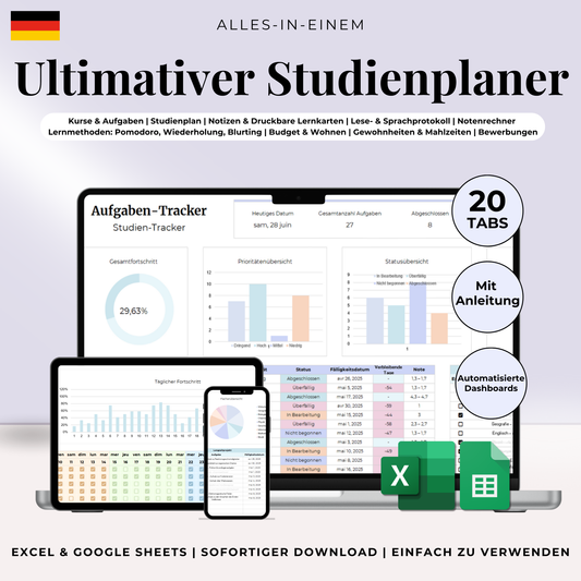Ultimativer Studienplaner auf Deutsch Excel Google Sheets Studentenplaner Schulplaner Lernplan Vorlage Aufgabenplaner Tracker Uni Akademisch
