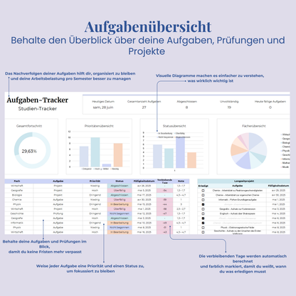 Ultimativer Studienplaner auf Deutsch Excel Google Sheets Studentenplaner Schulplaner Lernplan Vorlage Aufgabenplaner Tracker Uni Akademisch