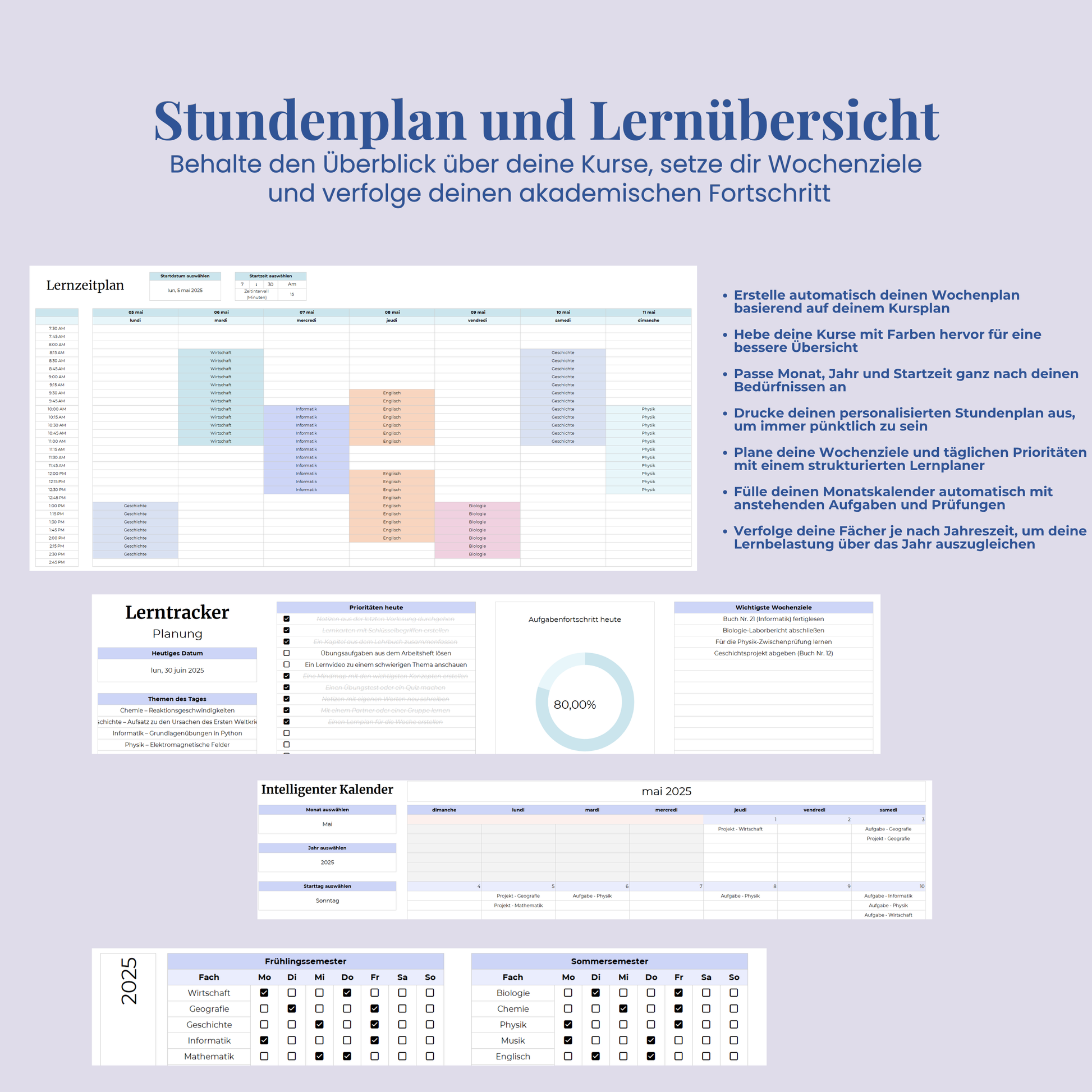 Ultimativer Studienplaner auf Deutsch Excel Google Sheets Studentenplaner Schulplaner Lernplan Vorlage Aufgabenplaner Tracker Uni Akademisch