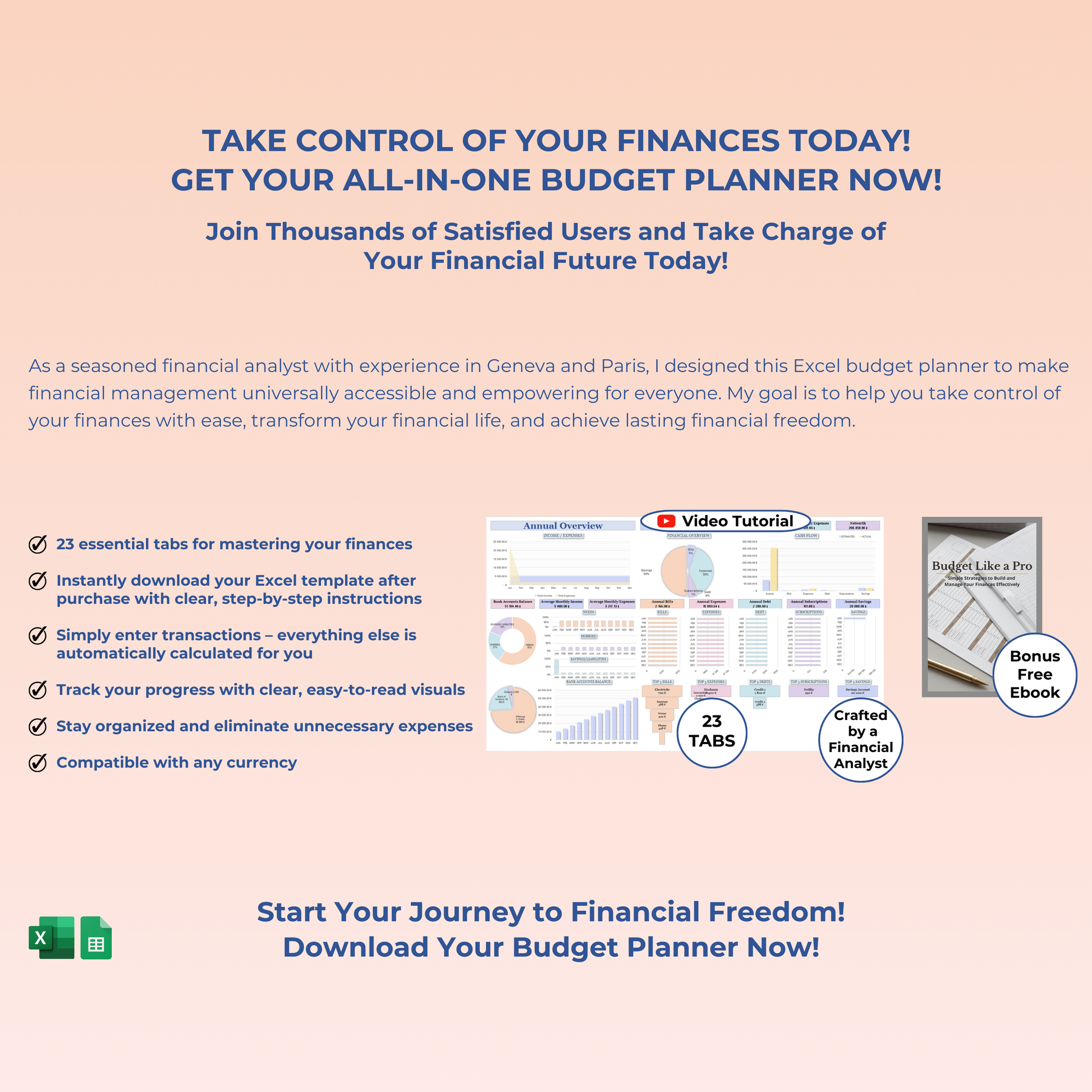 Ultimate budget planner in Google Sheets, including 50/30/20 budgeting system, savings, and debt repayment trackers for comprehensive financial management