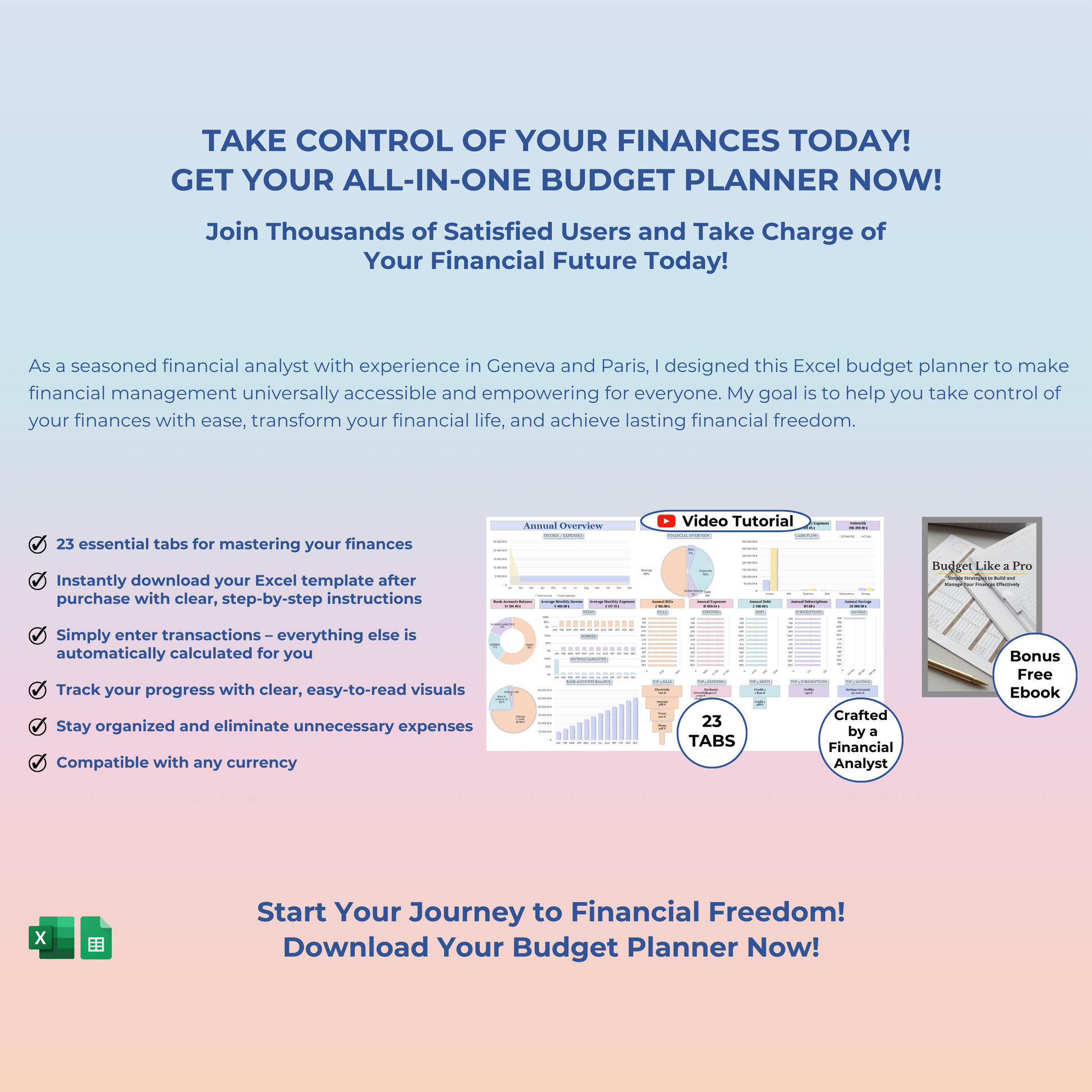 All-in-one budget planner in Google Sheets and Excel, featuring monthly and biweekly budget tracker, bill calendar, debt tracker, and 50/30/20 budget method for financial freedom