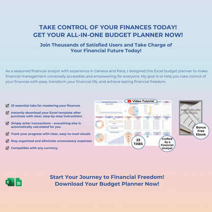 All-in-one budget planner in Google Sheets and Excel, featuring monthly and biweekly budget tracker, bill calendar, debt tracker, and 50/30/20 budget method for financial freedom