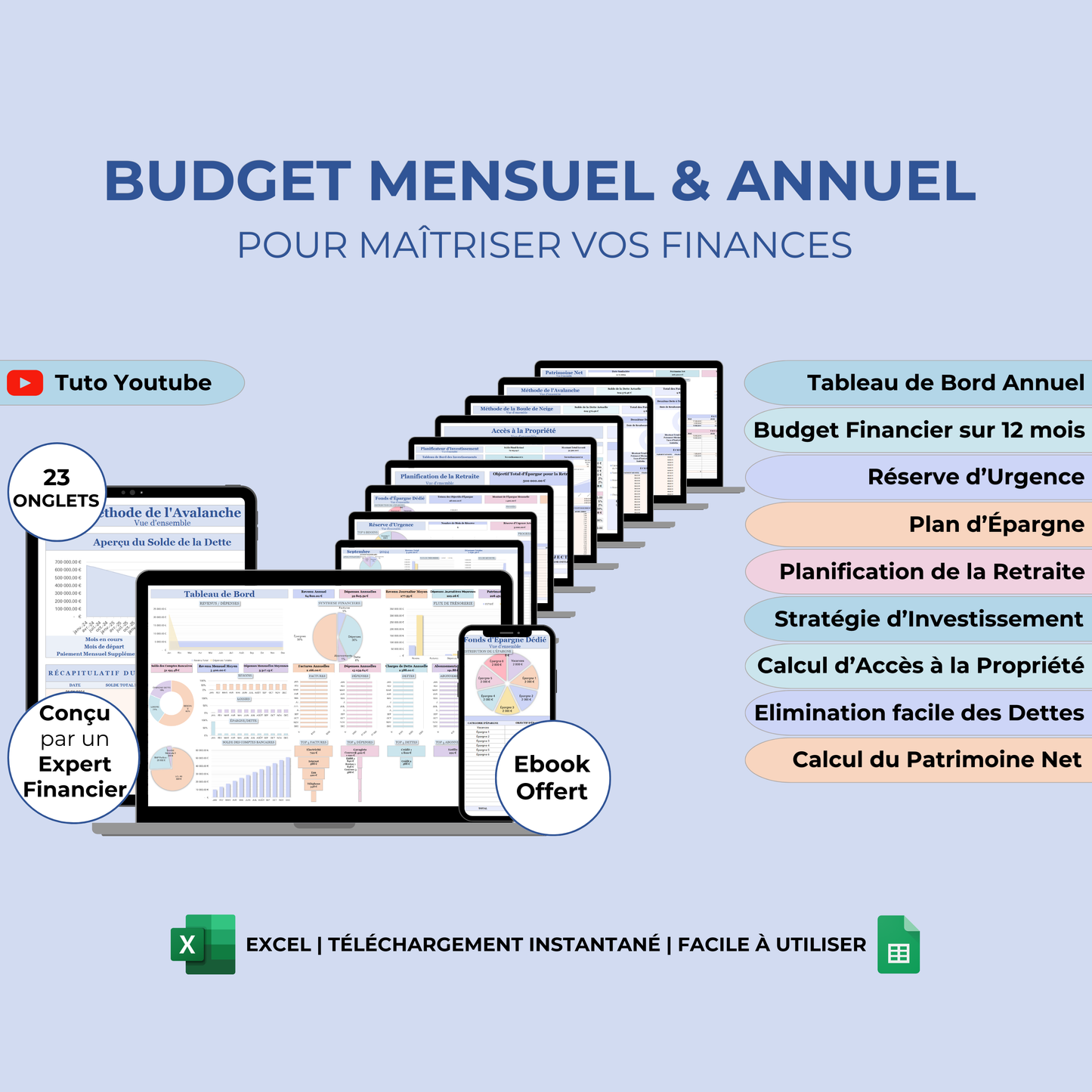 Tableau de bord pour un budget mensuel français 2024, conçu pour suivre les revenus et dépenses dans Google Sheets