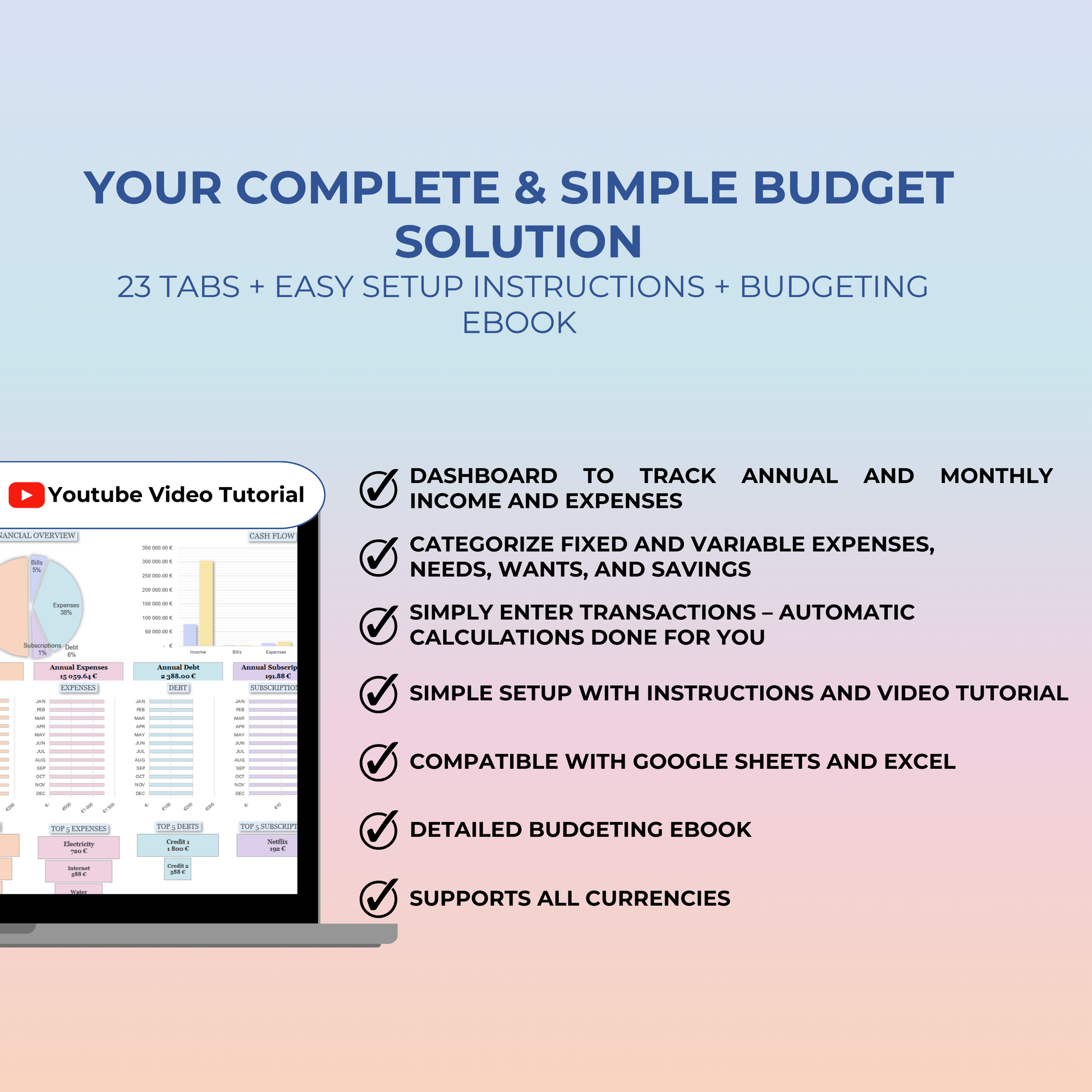 Complete annual budget solution in Google Sheets and Excel, including monthly and biweekly budget trackers, bill calendar, and debt tracking tools for personal finance management