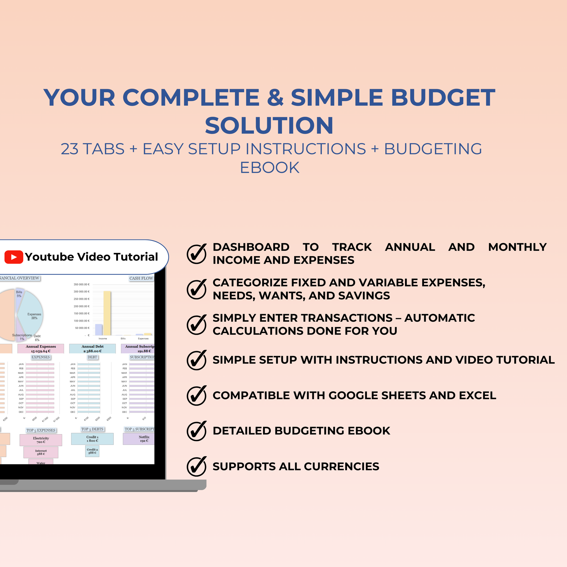 Complete Google Sheets budget spreadsheet with monthly, weekly, and biweekly tracking tools, bill calendar, savings, and debt tracker