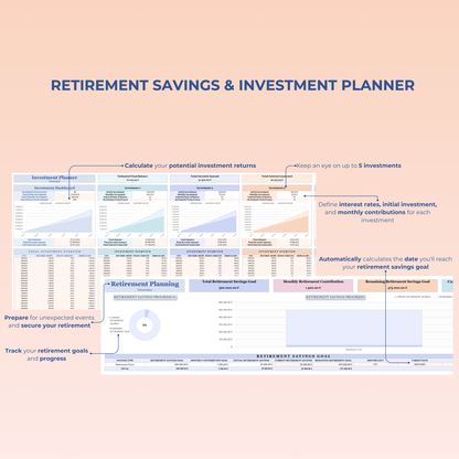 Retirement savings and investment planner in Google Sheets, designed to track investment returns and savings progress over time