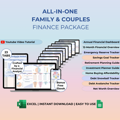 Family and Couple Annual Budget with Monthly and Biweekly Tracker, Bill Calendar and Debt Tracker for Google Sheets and Excel, crafted by a financial analyst