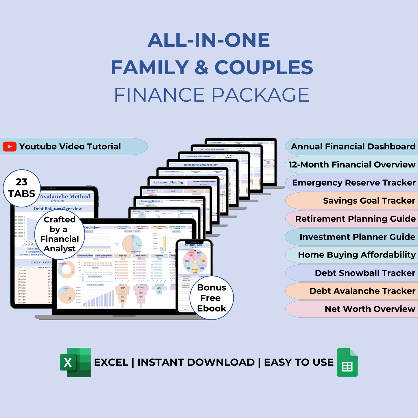 All-in-One Family & Couples Finance Package - 23 Tabs including Annual Financial Dashboard, Debt Tracker, and Bill Calendar for comprehensive budgeting