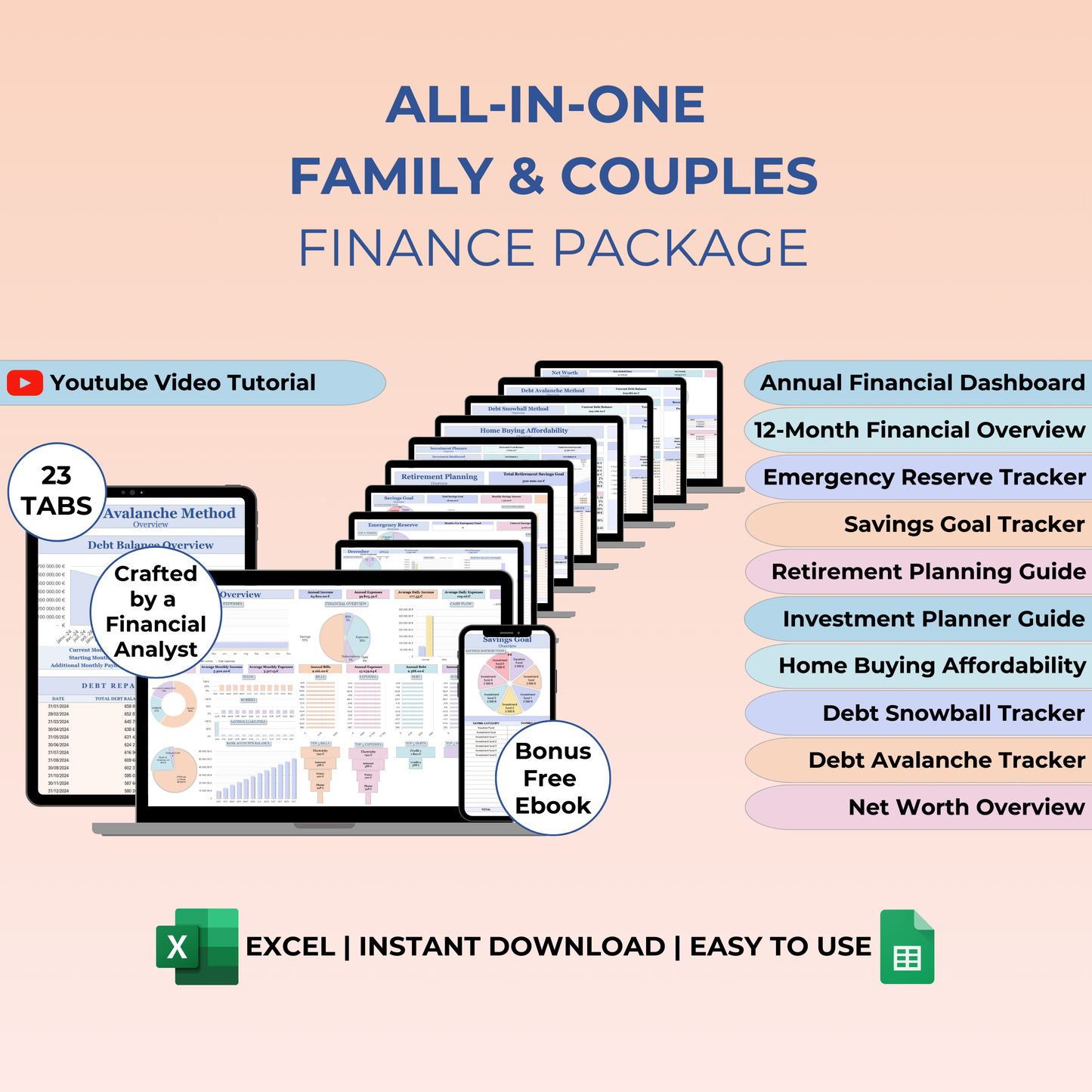 All-in-one family and couples budget planner Google Sheets template, weekly, biweekly, monthly, and annual finance tracker with debt management tools and a bonus eBook