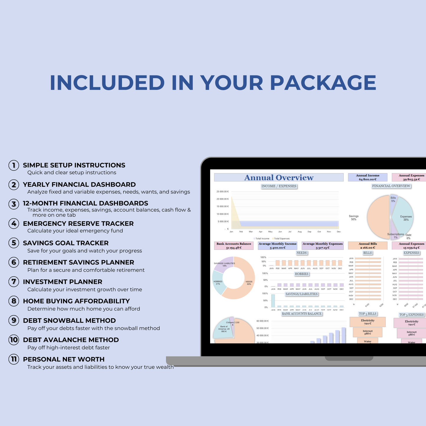 Features of the ultimate budget planner in Excel and Google Sheets, including savings tracker, financial planner, and monthly budget template