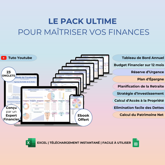 Le pack ultime pour maîtriser vos finances, incluant un tableau de bord annuel, un budget financier sur 12 mois, des outils pour suivre les dettes, les investissements et la planification de la retraite, compatible avec Google Sheets et Excel