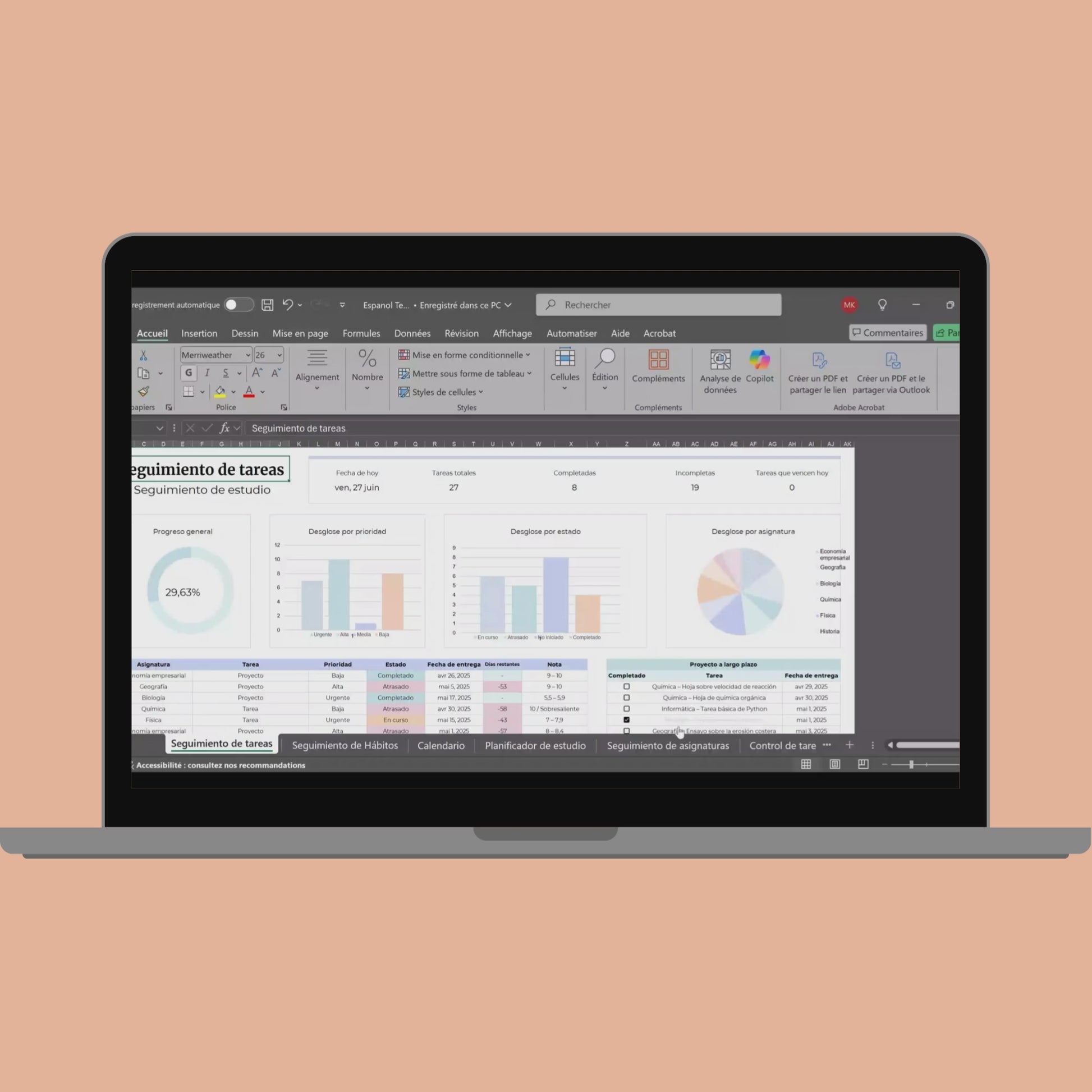 Plantilla Estudiantil en Español Excel Google Sheets Planificador Tareas Universidad Escuela Cursos Estudios Organización Estudiante Planner