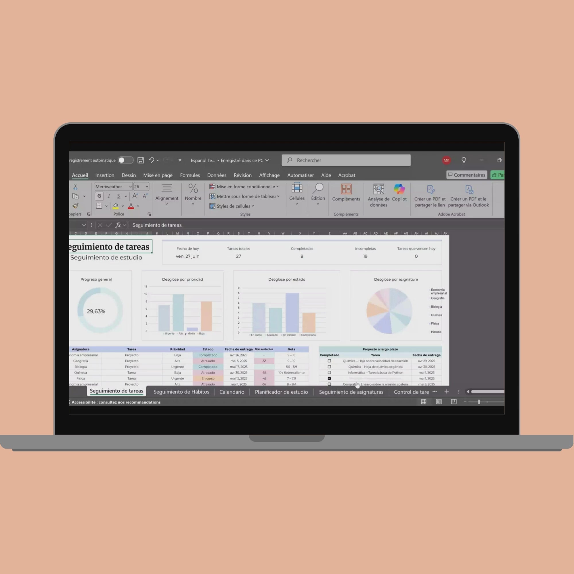 Plantilla Estudiantil en Español Excel Google Sheets Planificador Tareas Universidad Escuela Cursos Estudios Organización Estudiante Planner