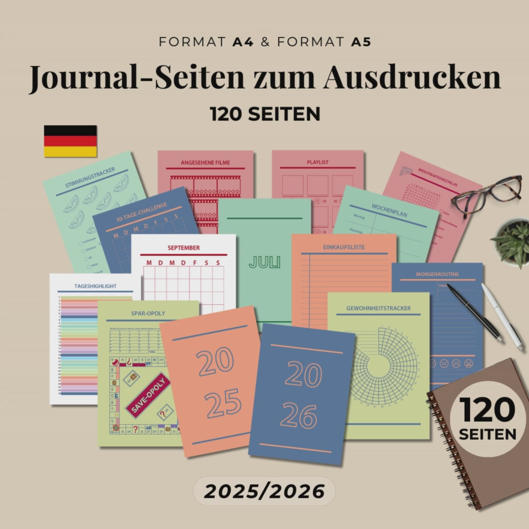 Druckbare Bullet Journal Seiten A4 A5 auf Deutsch, Komplettes Planner Set 2025–2026, Druckvorlagen zum Ausdrucken