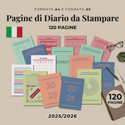 Planner Stampabile A4 A5 in italiano, Set Completo Pagine Agenda da Stampare, Bullet Journal stampabili, Abitudini e Umore Lettura Benessere