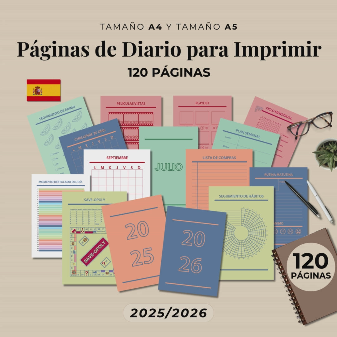 Bullet Journal 2025 2026 imprimible en español, Pack completo paginas planner A4 y A5, Plantillas editable PDF, Bujo, Planificador agenda