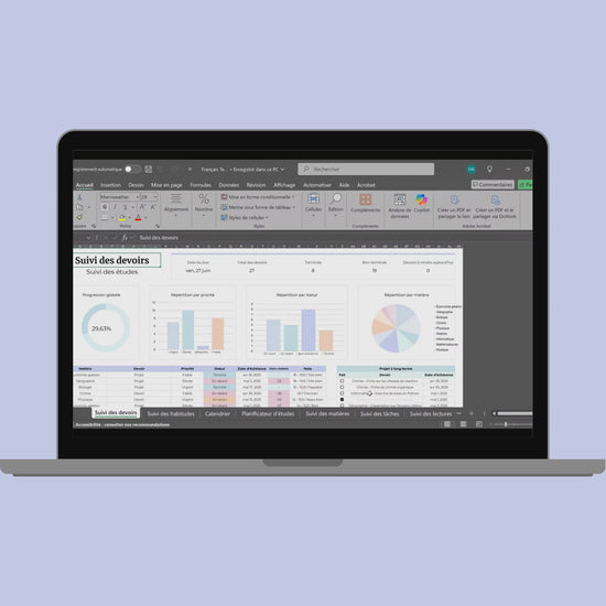Planner Etudiant en Français Excel Google Sheets Organisateur pour étudiants Suivi devoirs cours révision Fac Modèle Etudes Université Ecole