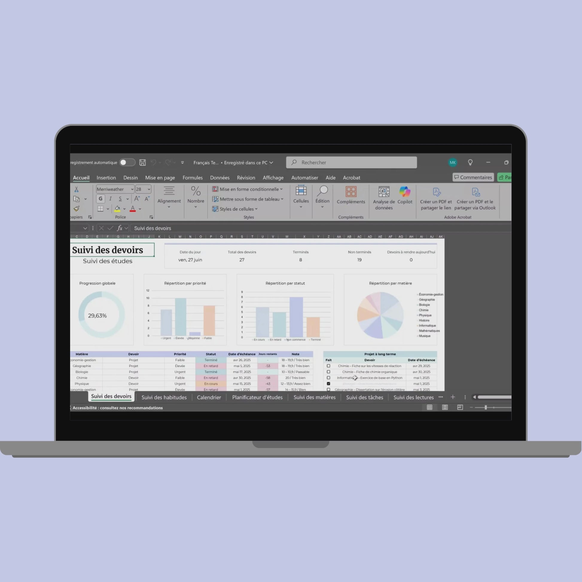 Planner Etudiant en Français Excel Google Sheets Organisateur pour étudiants Suivi devoirs cours révision Fac Modèle Etudes Université Ecole