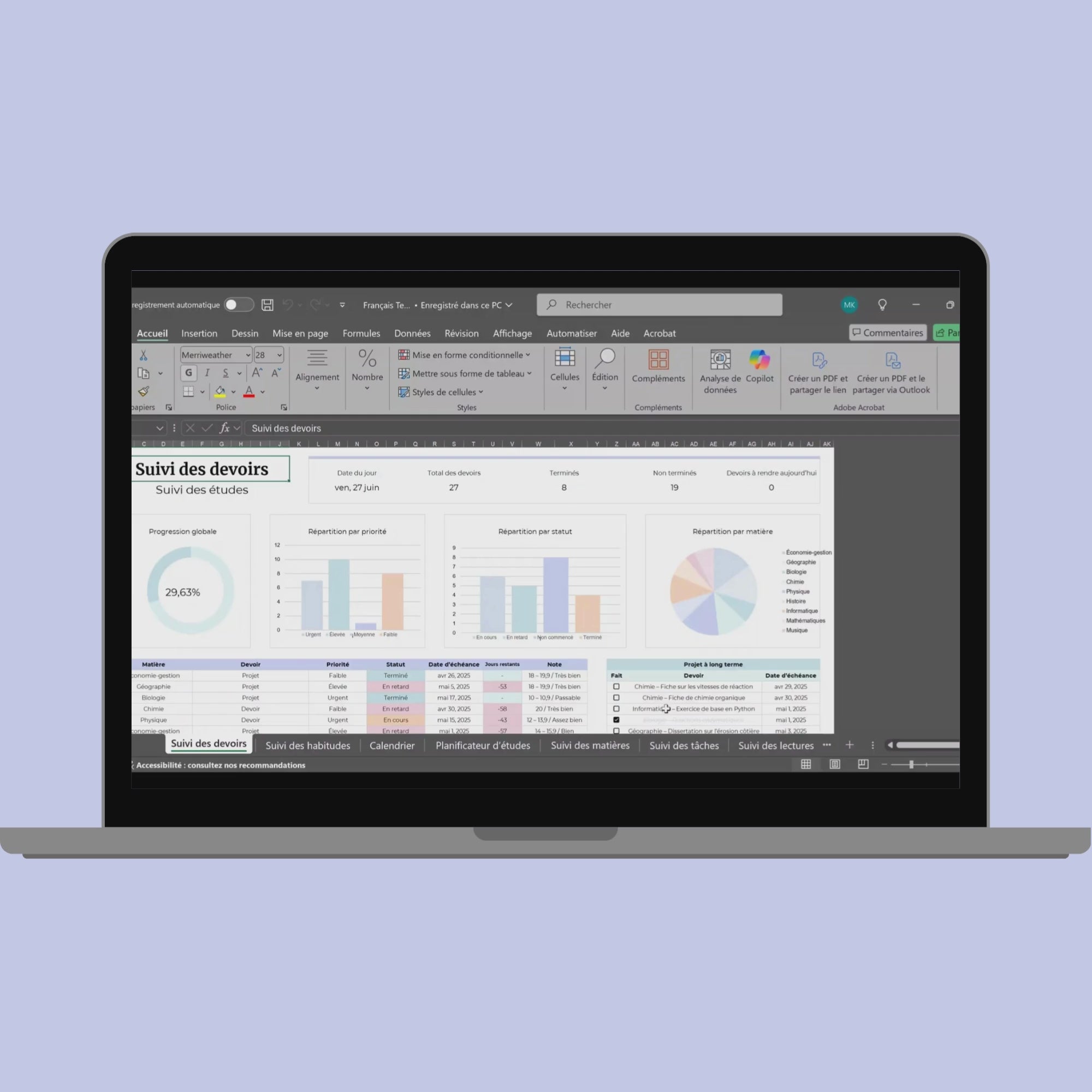 Planner Etudiant en Français Excel Google Sheets Organisateur pour étudiants Suivi devoirs cours révision Fac Modèle Etudes Université Ecole