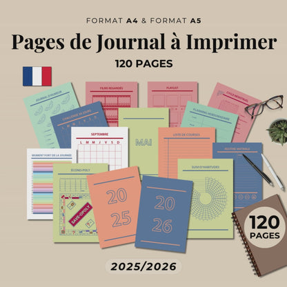 Bullet Journal 2025-2026 en français, Ensemble de pages de journal à imprimer, Pack complet de pages de planner, format A4 A5