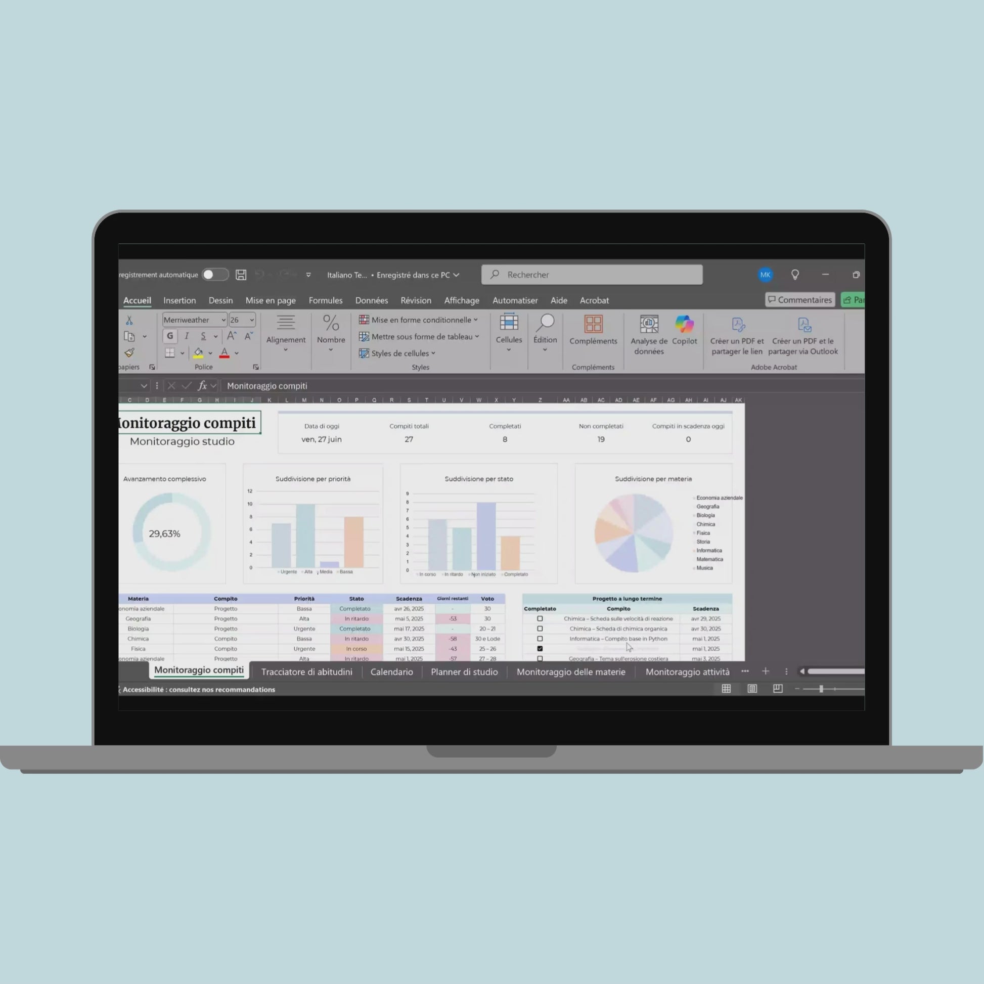 Planner studenti in italiano Excel Google Sheets organizzazione studente studio orario compiti università agenda scolastica completa voti