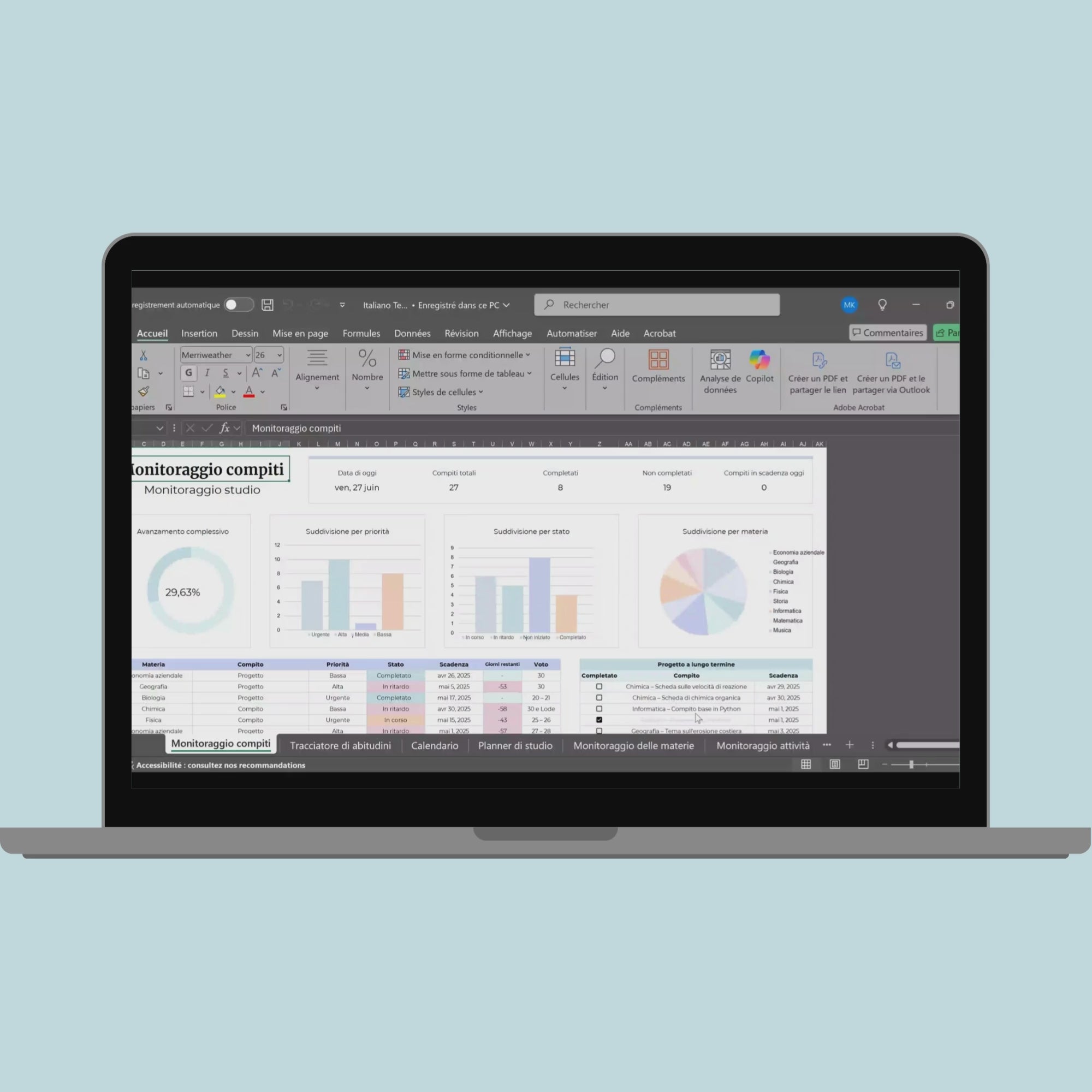 Planner studenti in italiano Excel Google Sheets organizzazione studente studio orario compiti università agenda scolastica completa voti