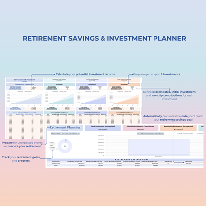 Retirement savings and investment planner in Google Sheets and Excel, with tools for calculating investment returns, tracking progress toward retirement goals, and managing finances