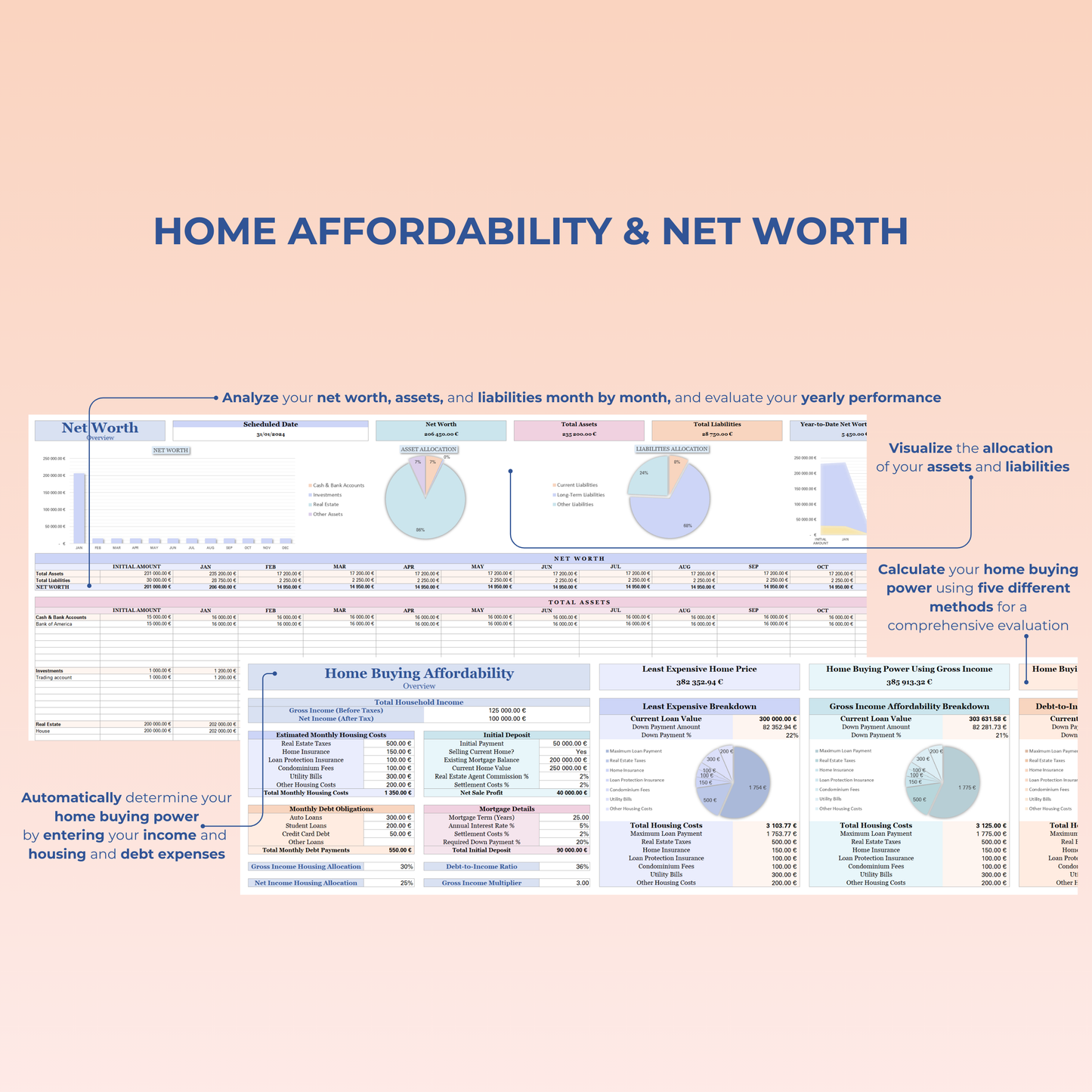 Home affordability calculator and net worth tracker in Google Sheets, designed to help users manage their assets, liabilities, and financial progress