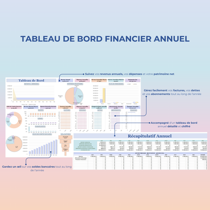 Tableau de bord financier annuel pour suivre vos revenus, dépenses et patrimoine net, avec un récapitulatif détaillé et chiffré, compatible avec Google Sheets et Excel