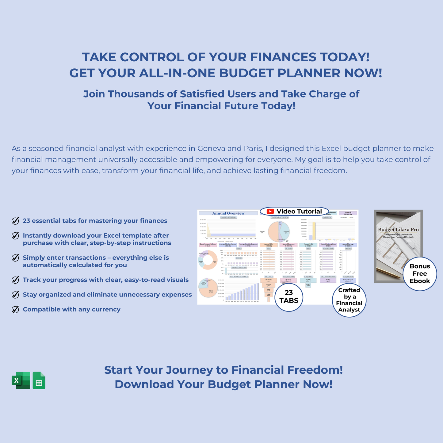 All-in-one budget planner in Google Sheets and Excel, featuring a monthly budget template, savings tracker, and financial planner for zero-based budgeting